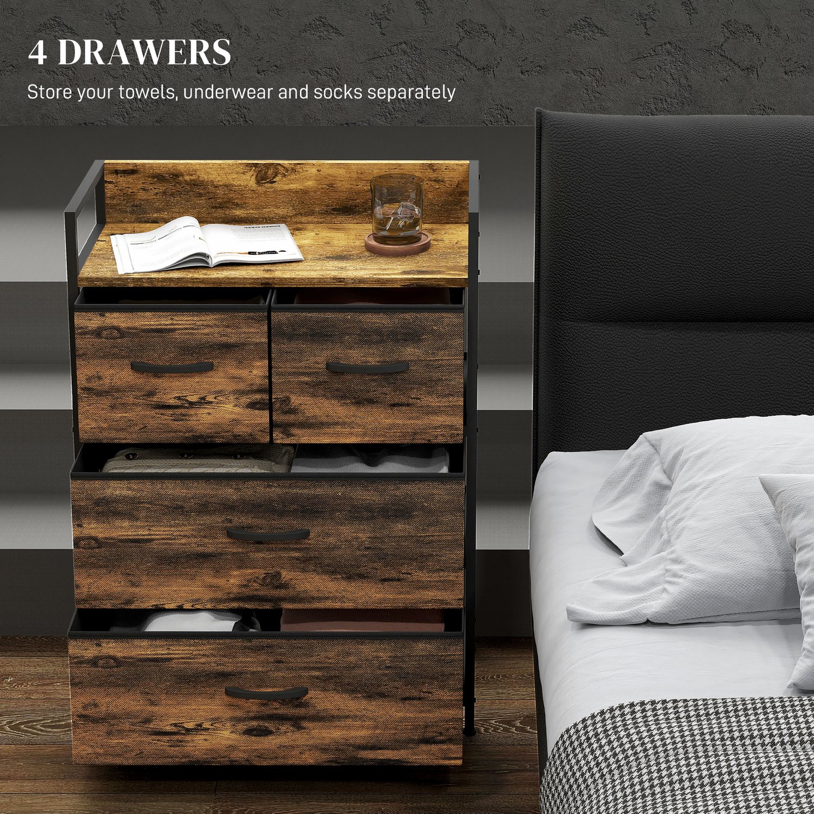 HOMCOM Rustic Chest of Four Fabric Drawers - Rustic Brown - Image 4