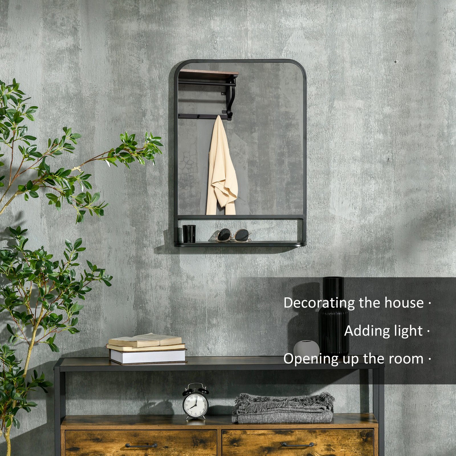 HOMCOM Modern Square Wall Mirror with Storage Shelf, 70 x 50 cm Mirrors for Living Room, Bedroom, Black - Image 4