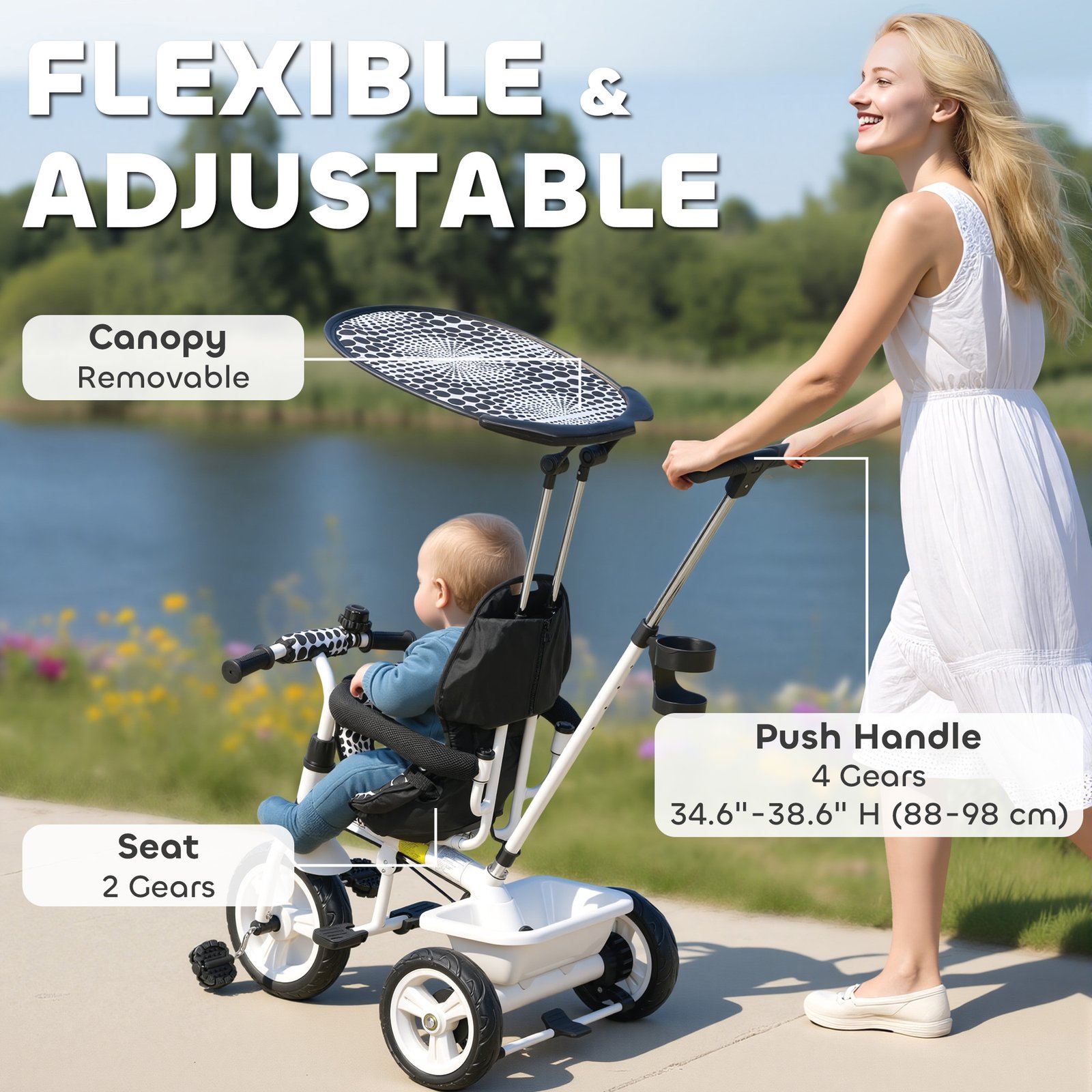 HOMCOM 6 in 1 Tricycle for Kids with 5-point harness straps, Removable Canopy, White - Image 5