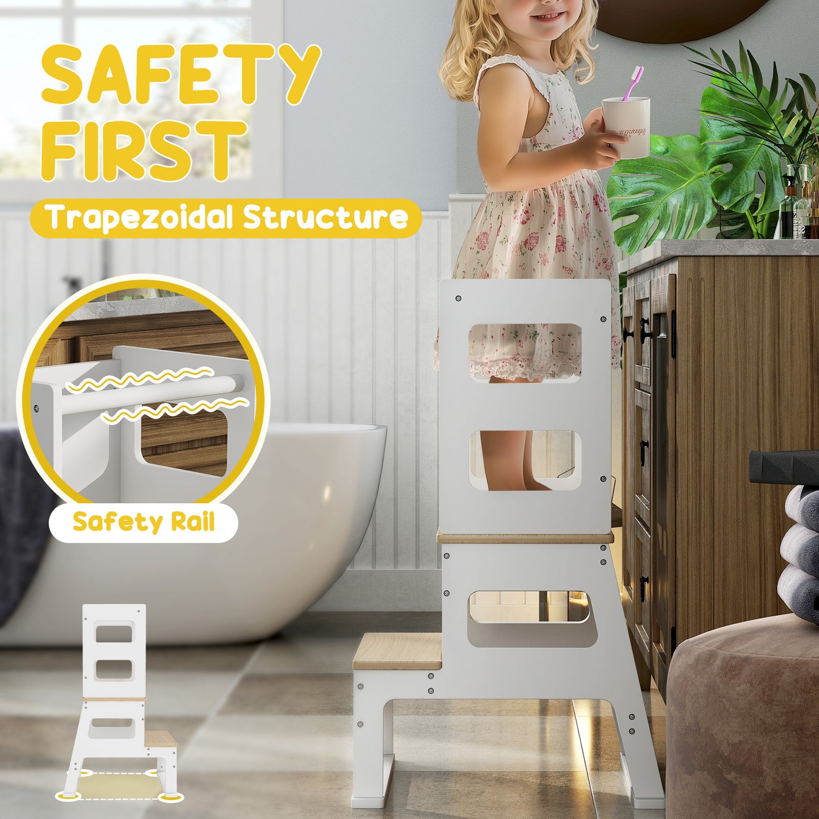 AIYAPLAY 2-in-1 Toddler Tower with Chalkboard, Safety Rail for Kitchen, Counter, Bathroom, Sink, White - Image 6