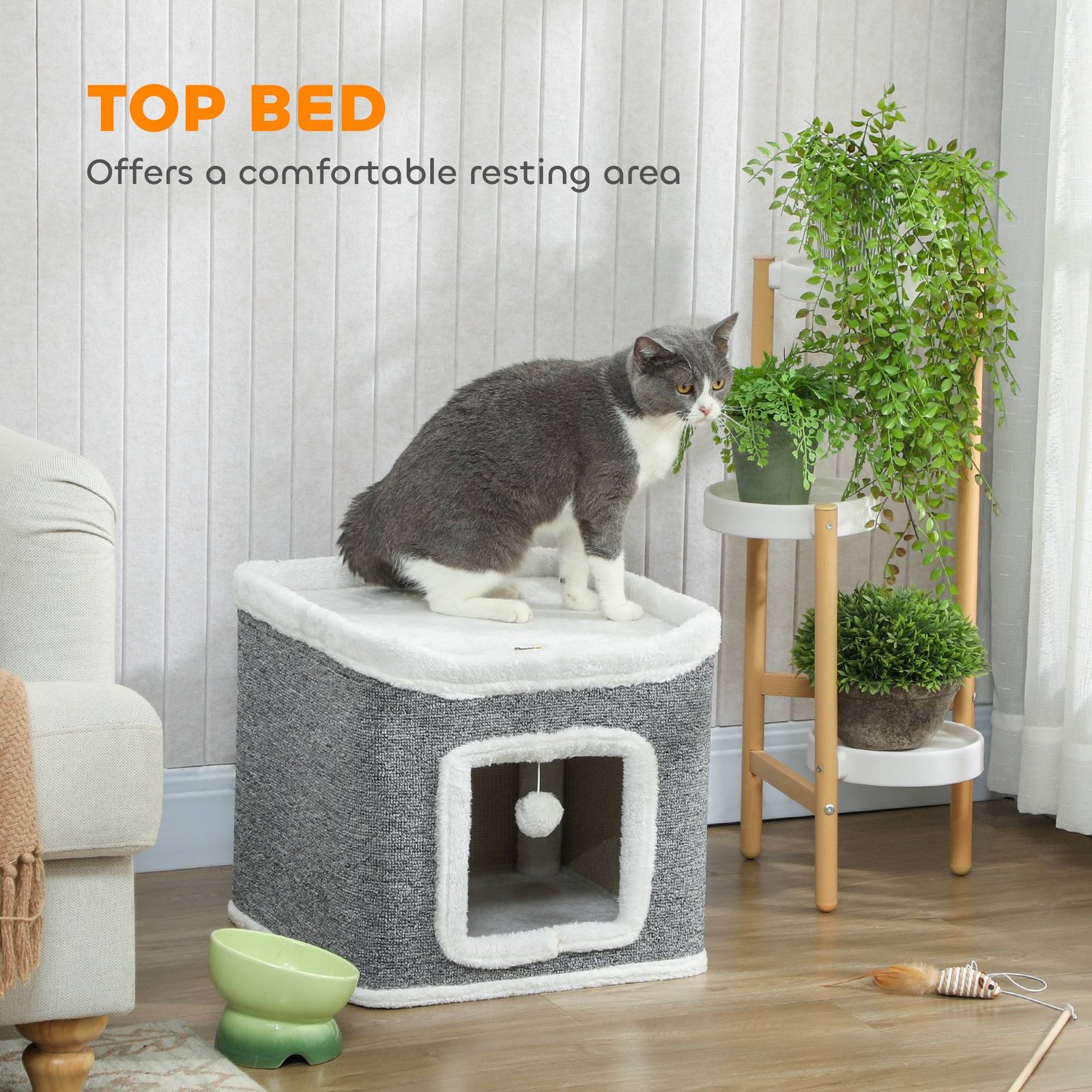 PawHut Cat House for Indoor Kittens, 2-Level Cat Cave Bed with Fluffy Balls, Top Bed, Kitten Barrel for Multi Kitties, Grey - Image 6