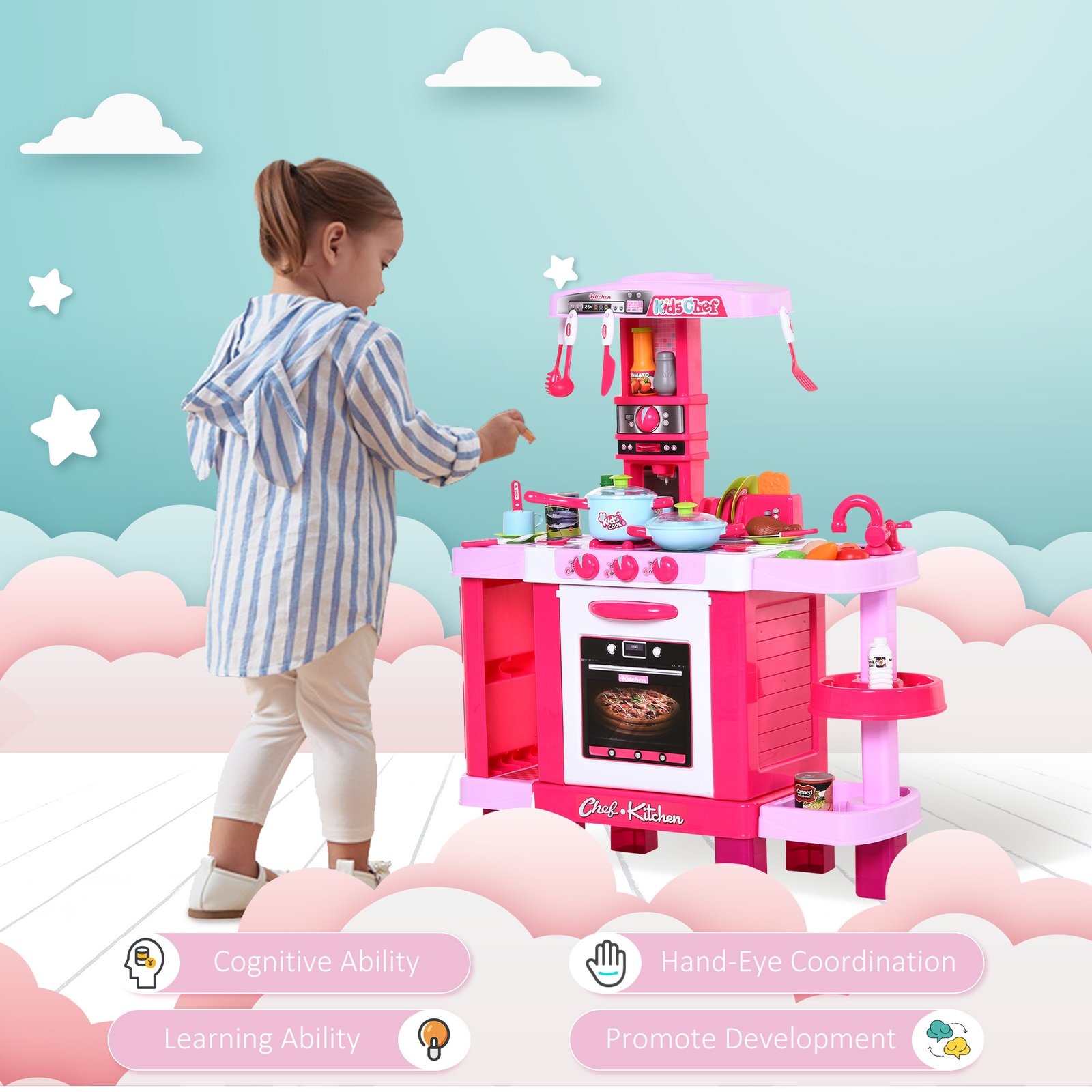 HOMCOM 38 Pcs Kids Children Kitchen Play Set w/ Realistic Sounds Lights Food Utensils Pots Pans Appliances Toy Game Pink - Image 6