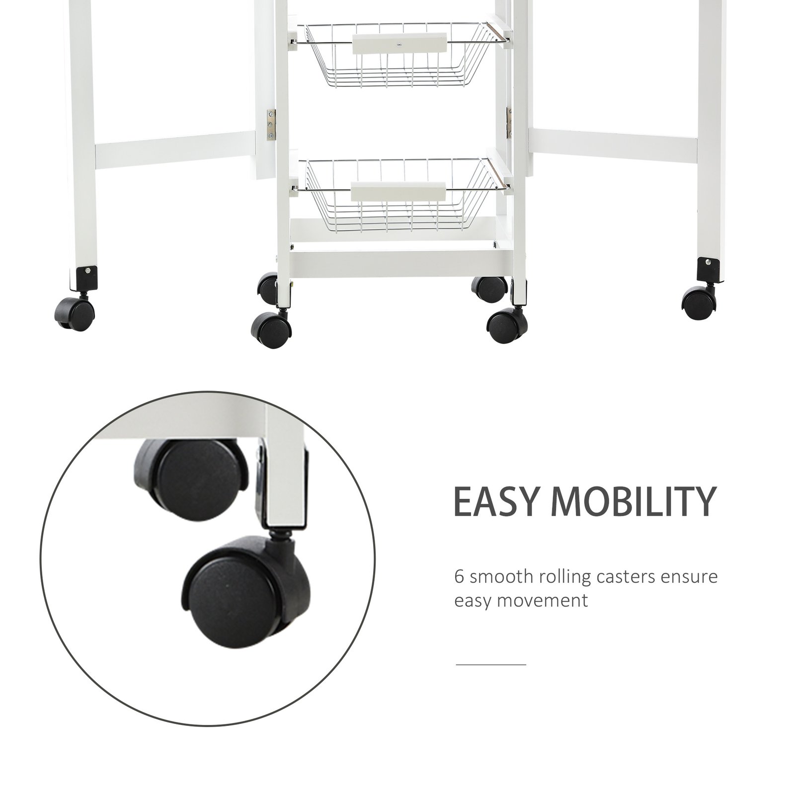 HOMCOM Drop-Leaf Kitchen Cart Trolley w/ 3 Baskets Drawer Surface Top 6 Universal Wheels Rolling Storage Unit Kitchen Home Dining Island White Oak Tone - Image 5