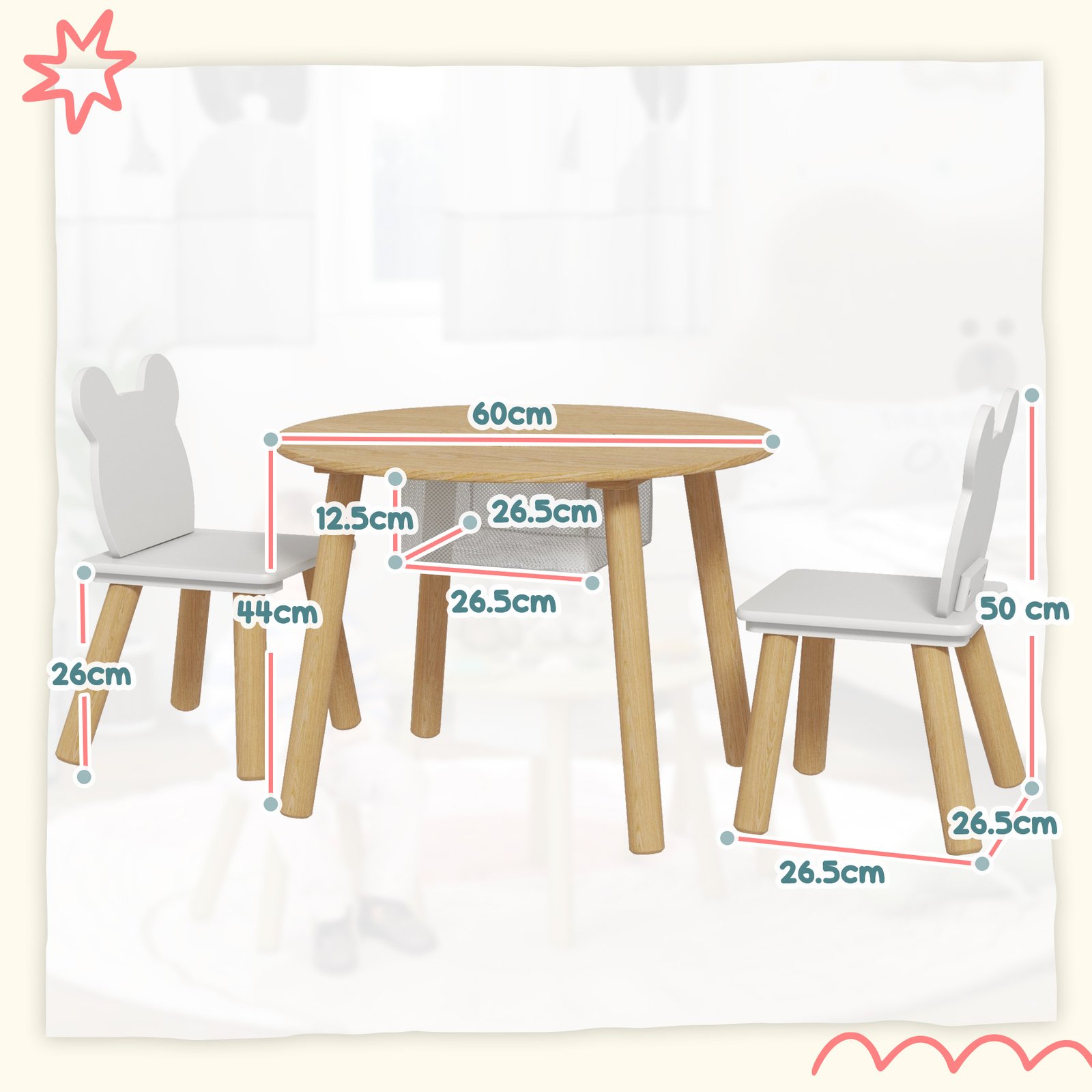 AIYAPLAY 3-Piece Kids Activity Table Set with Centre Mesh Bag, Bear-Shaped Backrest, for Arts and Crafts, Reading, Dining - Image 4