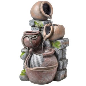Outsunny Outdoor Fountain with 4-Tier Rustic Pots & Planter, Garden Fountain with LED Lights, Rustic Brown