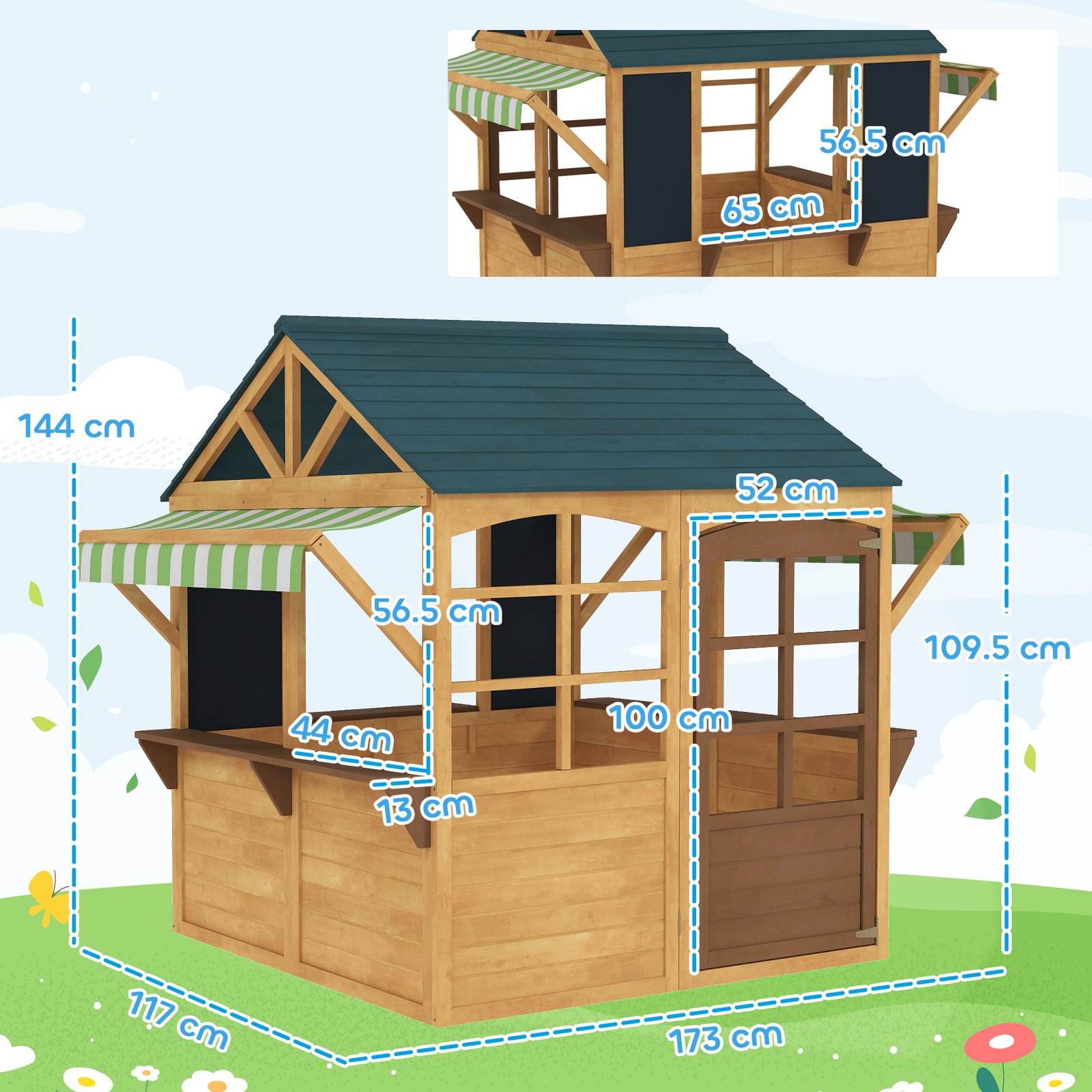 AIYAPLAY Wooden Playhouse for Kids, Foldable Wendy House with Windows, Working Door, Service Stations, Rain Covers, Brown - Image 3