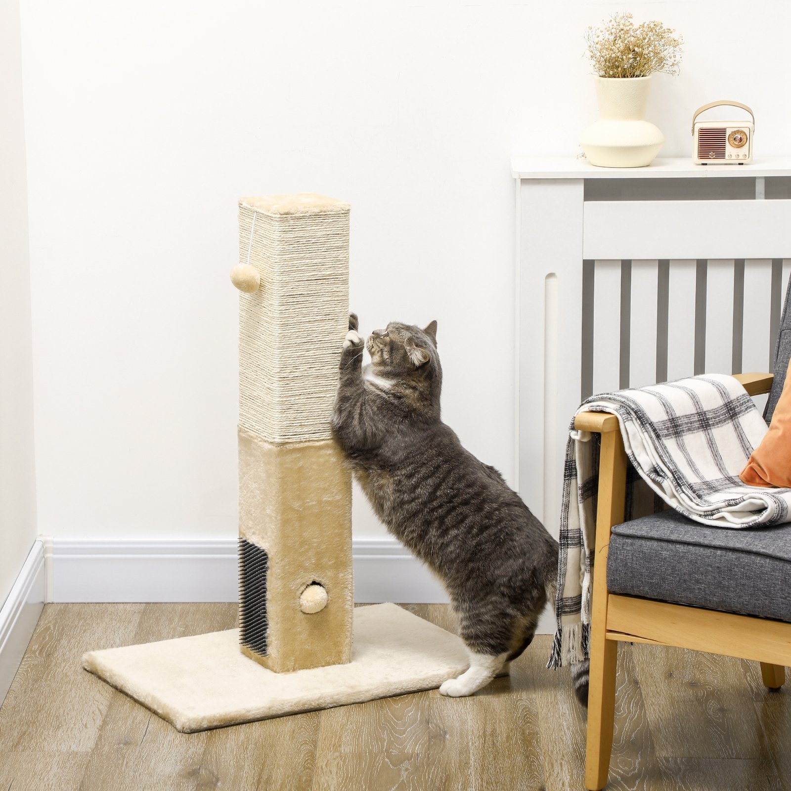 PawHut Jute Cat Scratching Post w/ Carpet Base Hanging Toy - Beige - Image 2