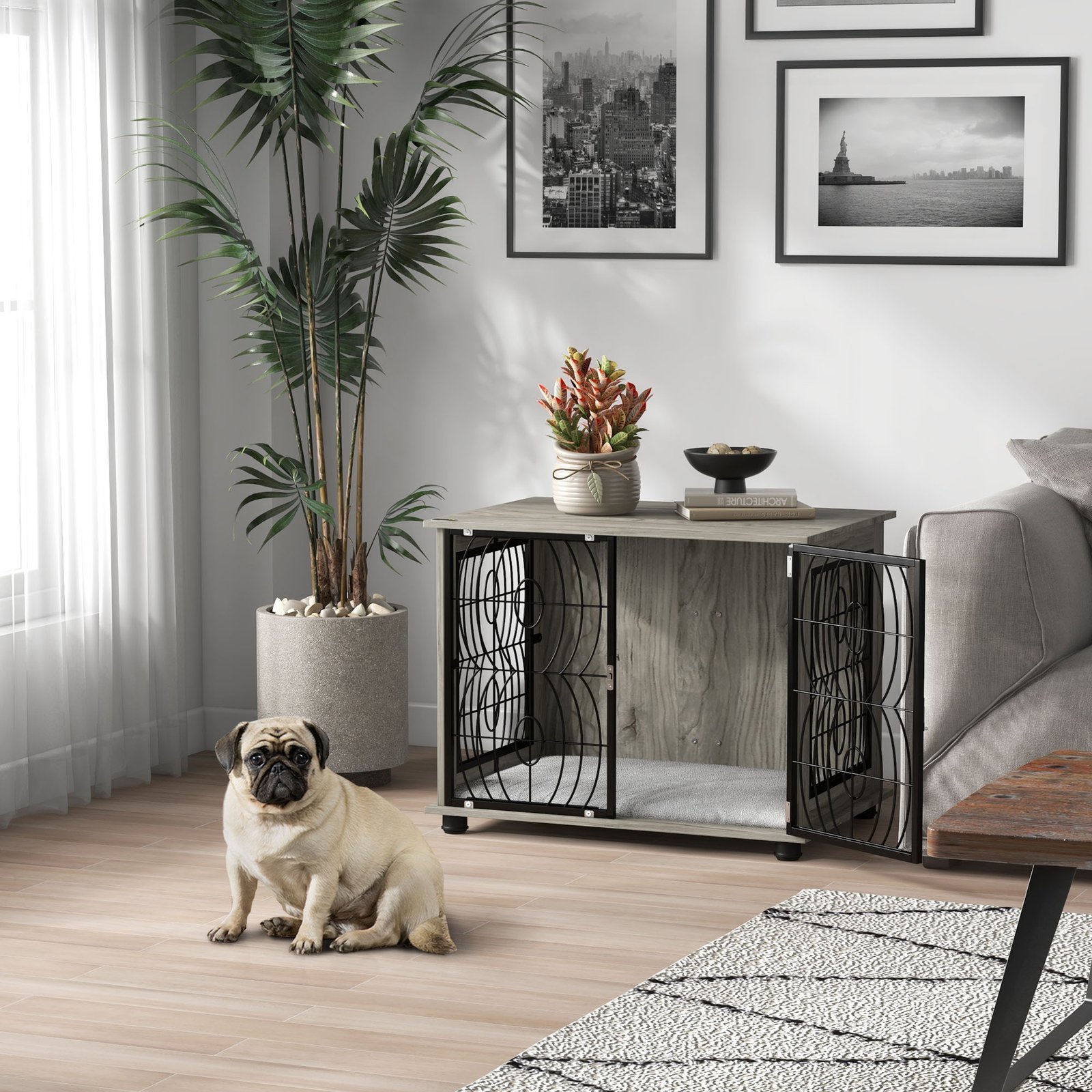 PawHut Indoor Dog Crate Furniture End Table w/ Plush Washable Cushion, Lockable Door, for Medium Dogs - Image 2
