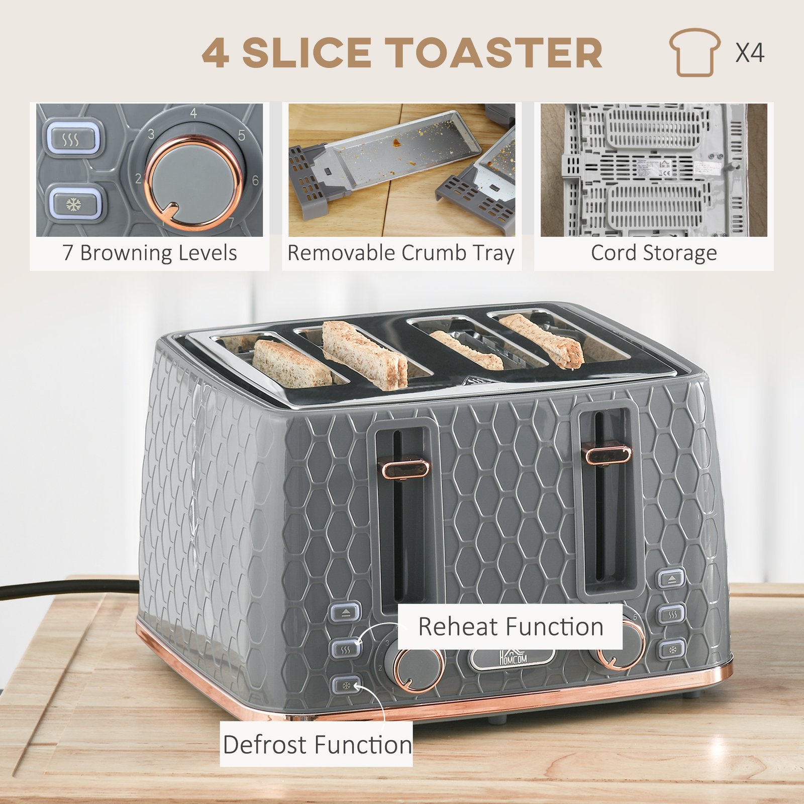 HOMCOM 1.7L 3000W Fast Boil Kettle & 4 Slice Toaster Set, Kettle and Toaster Set with 7 Browning Controls, Crumb Tray, Grey - Image 5