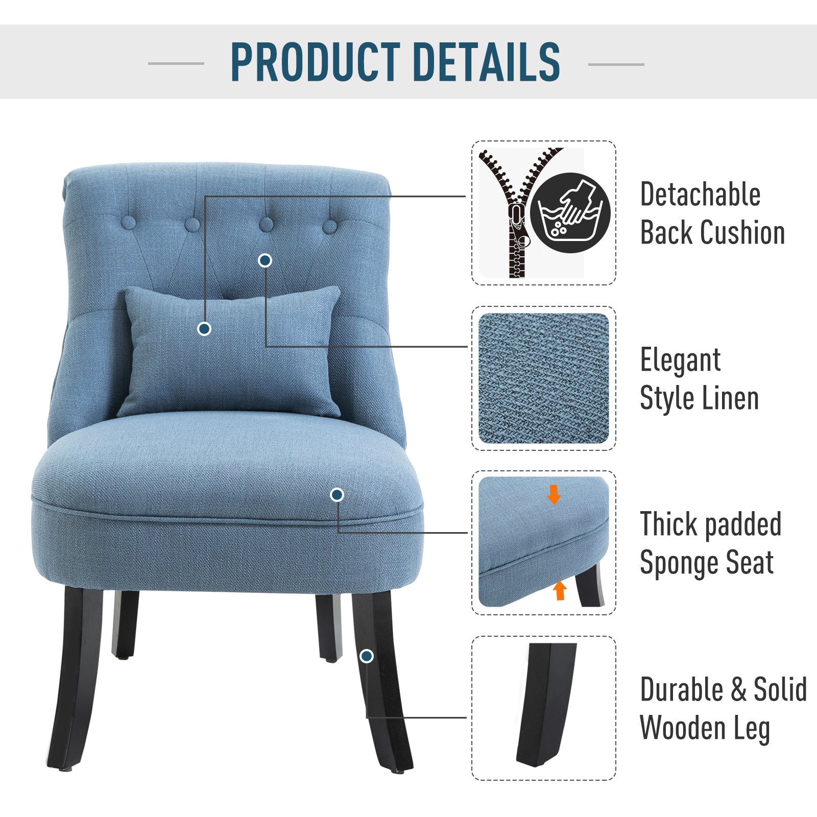 HOMCOM Tub Chair, Armless Single Sofa, Modern Button Tufted Armchair, Upholstered Linen Fabric Longue Accent Chair for Living Room, Bedroom, Set of 2, Blue - Image 4