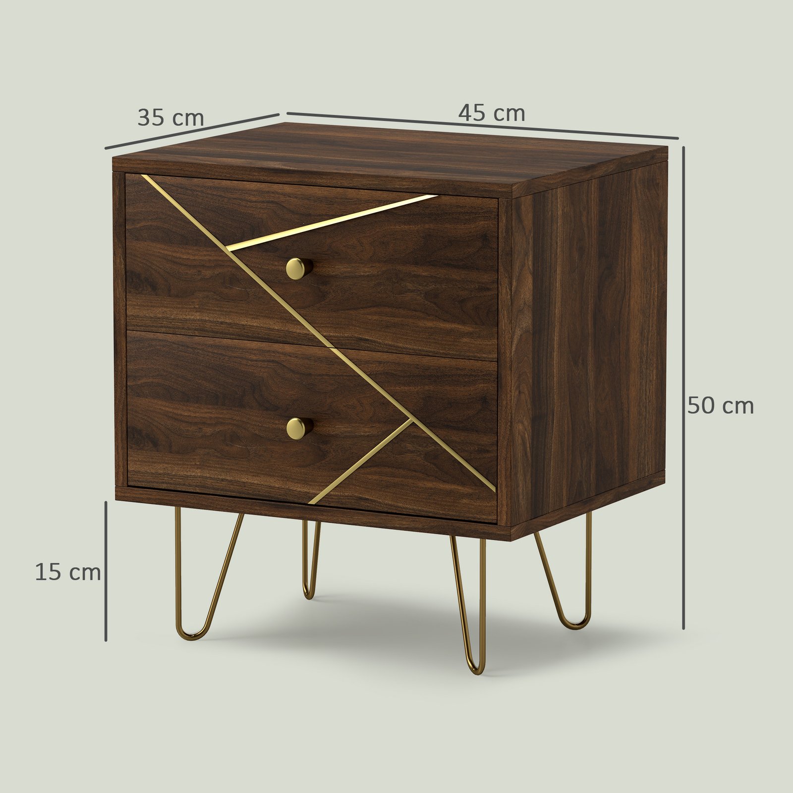 HOMCOM Bedside Tables Set of 2, Modern Side Table Set with 2 Drawers and Steel Hairpin Legs, Nightstand for Bedroom, Brown Wood Grain - Image 3