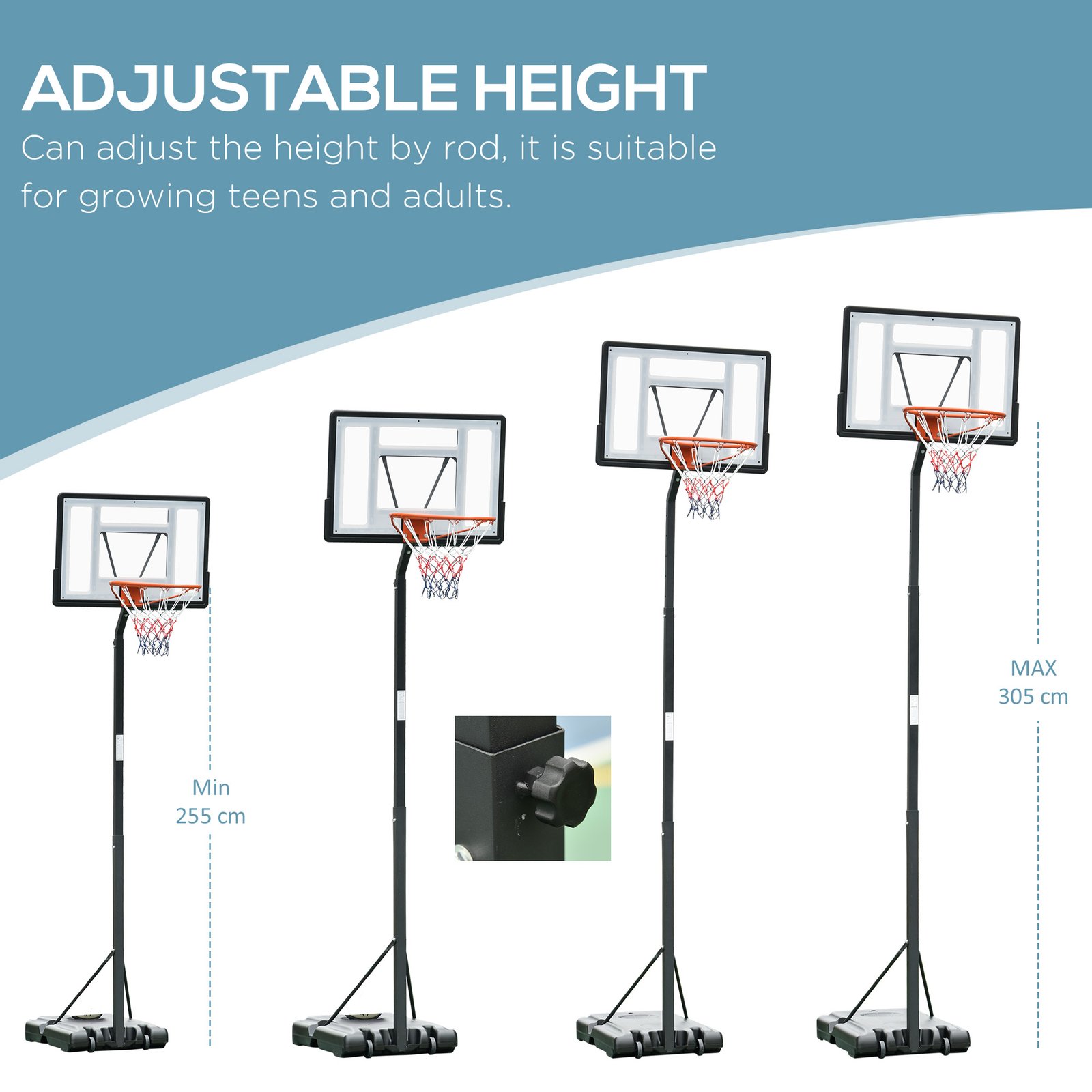 HOMCOM Portable 10ft Basketball Backboard Hoop Set Professional Outdoor Freestanding Basketball Stand with Wheels for Adults and Children, Adjustable High 2.55M-3.05M - Image 4