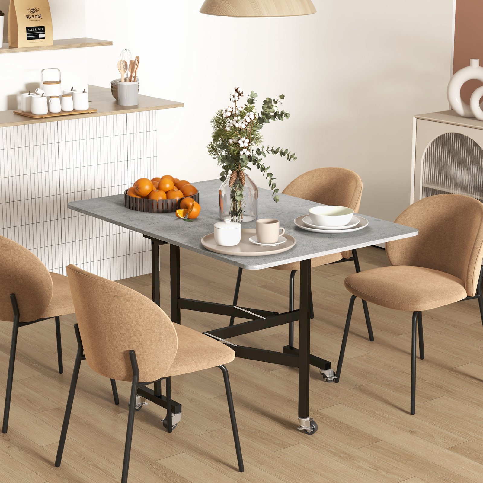 HOMCOM Mobile Drop Leaf Table, Folding Dining Table with 6 Wheels & Brakes, Kitchen Table for Small Spaces, Grey Marble Effect - Image 2