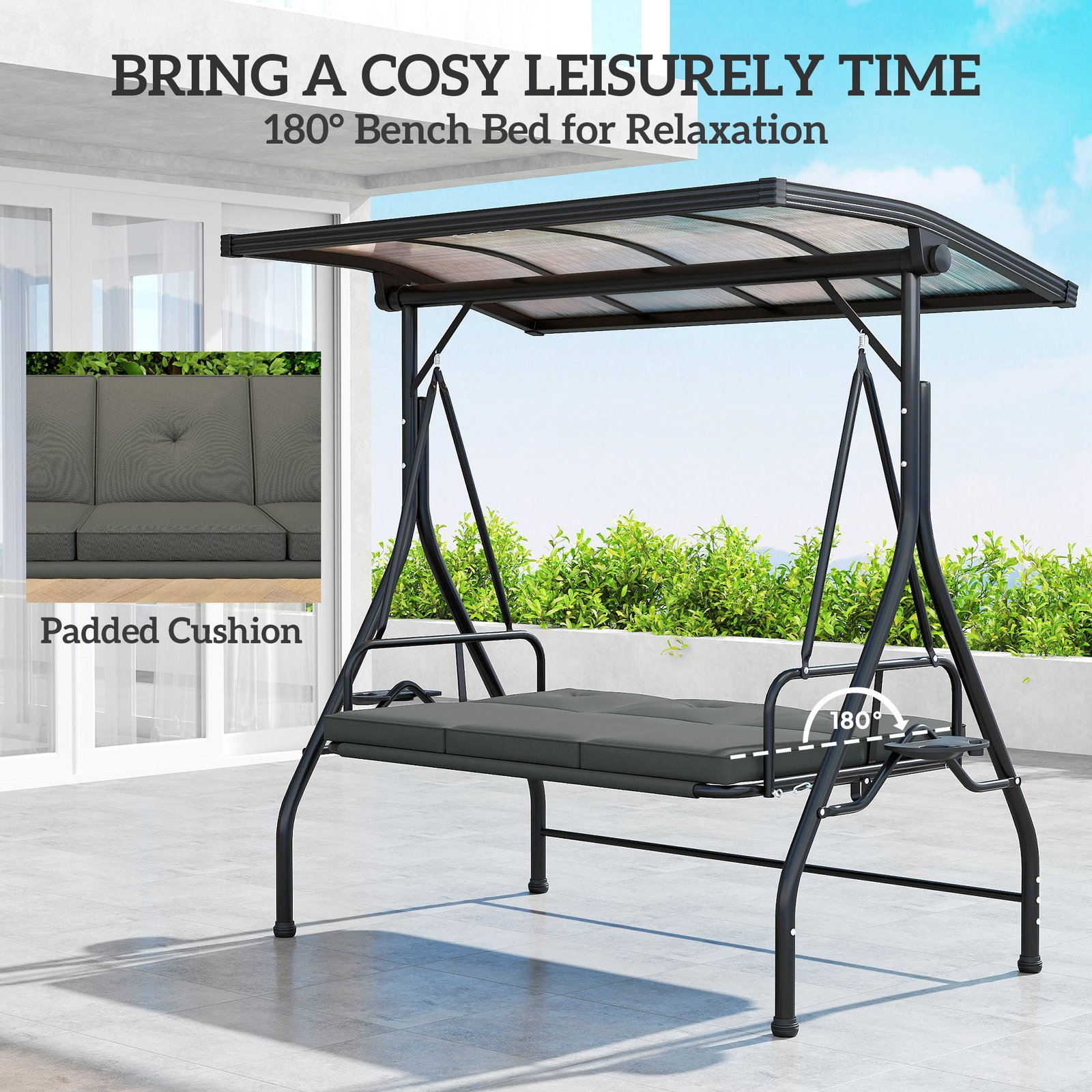 Outsunny Convertible Three-Seater Swing Bench Bed - Dark Grey - Image 6