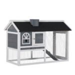 PawHut Wooden Rabbit Hutch and Run with Sliding Tray, Ramp, Water-resistant Roof, for 2-4 Rabbits, Grey