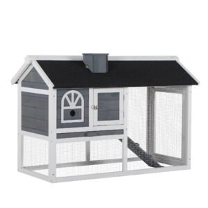 PawHut Wooden Rabbit Hutch and Run with Sliding Tray, Ramp, Water-resistant Roof, for 2-4 Rabbits, Grey