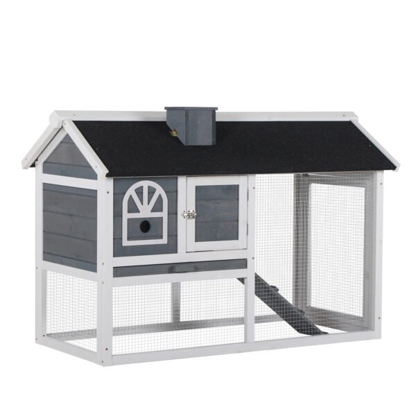 PawHut Wooden Rabbit Hutch and Run with Sliding Tray, Ramp, Water-resistant Roof, for 2-4 Rabbits, Grey