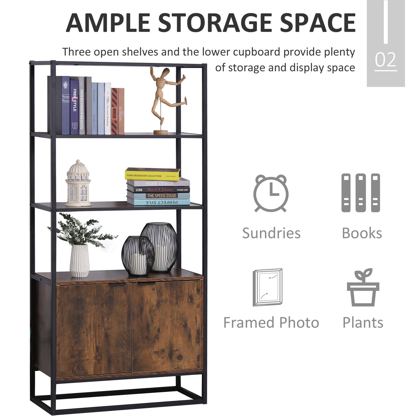 HOMCOM Industrial Bookshelf, Storage Shelf, Large Bookcase with 3 Open Shelves, Multifunctional Rack for Living Room, Office, Rustic Brown and Black - Image 5