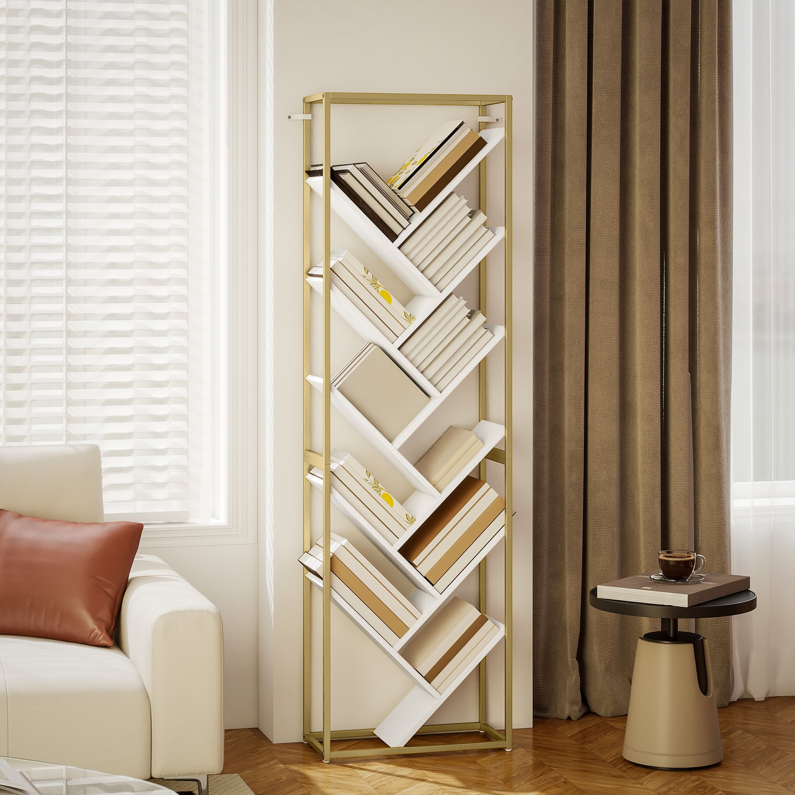 HOMCOM 10 Shelf Modern-Style Bookshelf - Gold Tone/White - Image 8