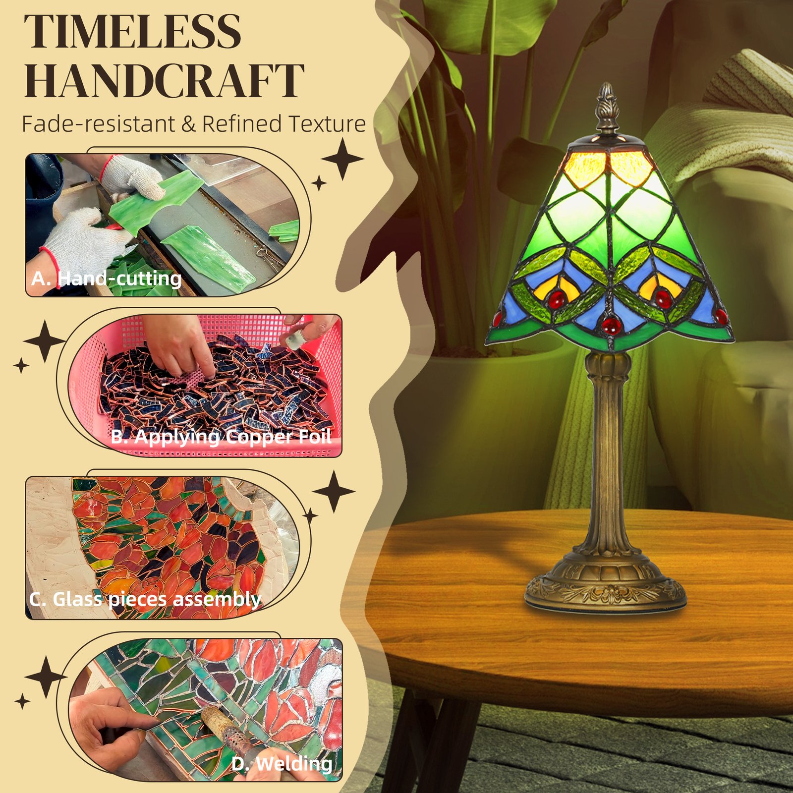 HOMCOM Tiffany-Style Table Lamp with Geometric Patterns, Handcrafted Antique Stained Glass Bedside Lamp for Living Room and Bedroom, E27 Socket, Green - Image 5
