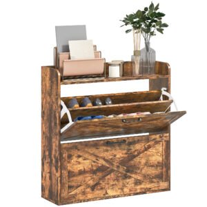 HOMCOM Two Flip Drawer Narrow Shoe Cabinet with Adjustable Shelves - Rustic Brown