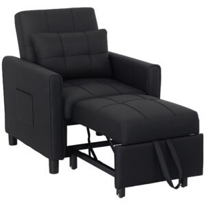HOMCOM 3-In-1 Linen-Look Single Chair Bed with 11cm Thick Adjustable Back & Eucalyptus Wood Sofa Frame - Black