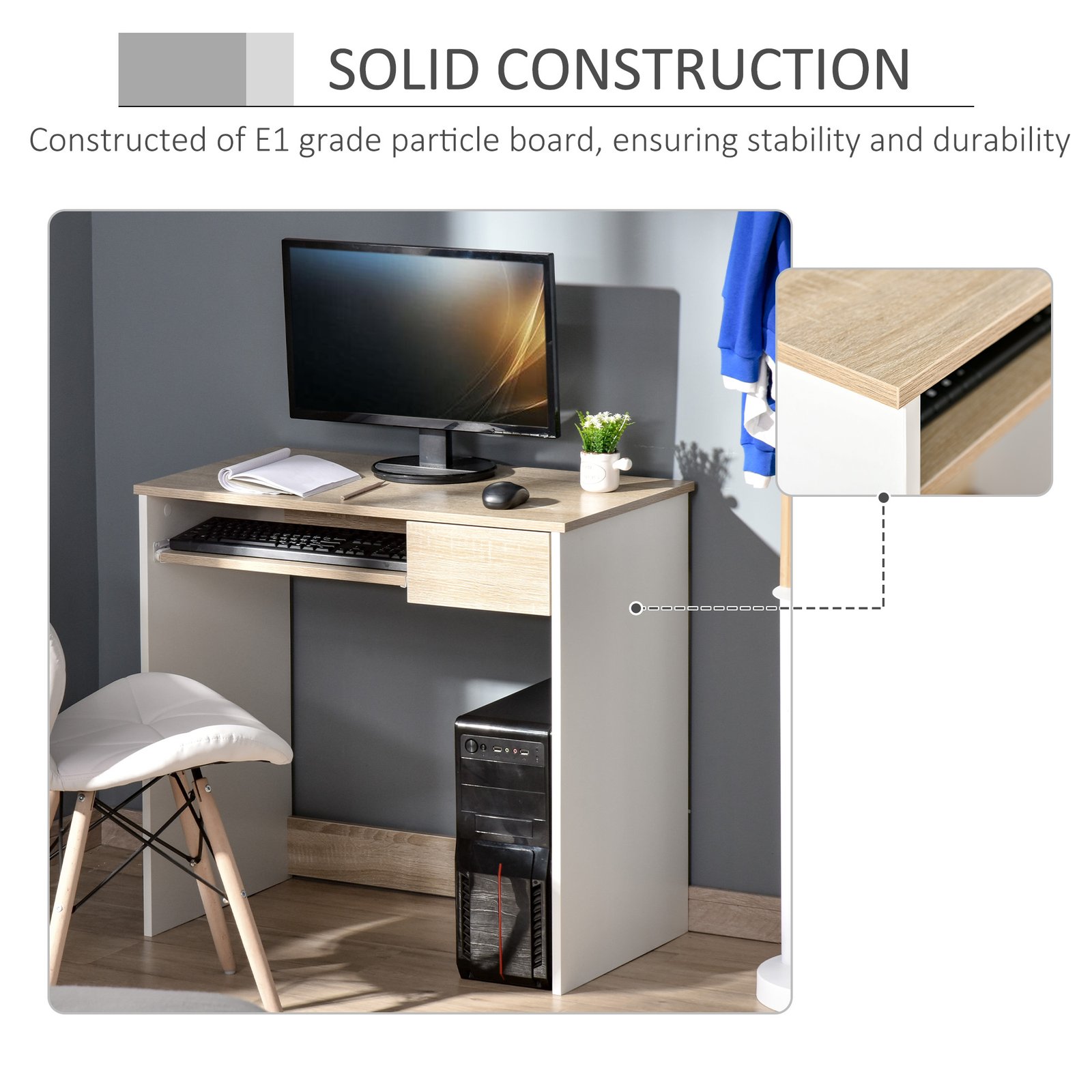 HOMCOM 80cm Compact Computer Desk with Keyboard Tray, Home Office Desk with Drawer for Bedroom Study, Oak - Image 5