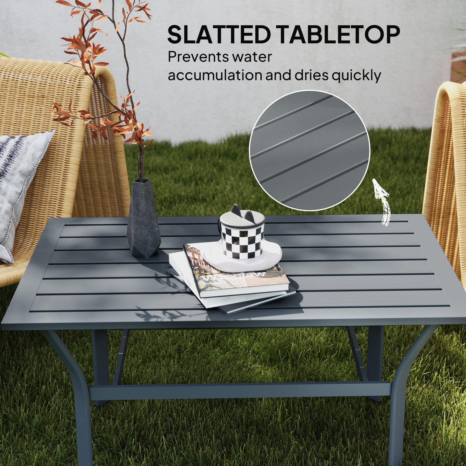 Outsunny Metal Garden Coffee Table, Rectangular Outdoor Side Table with Slatted Tabletop, Foot Pads for Outside, Garden, Balcony, Porch, 91.5 x 55 x 45cm, Dark Grey - Image 4