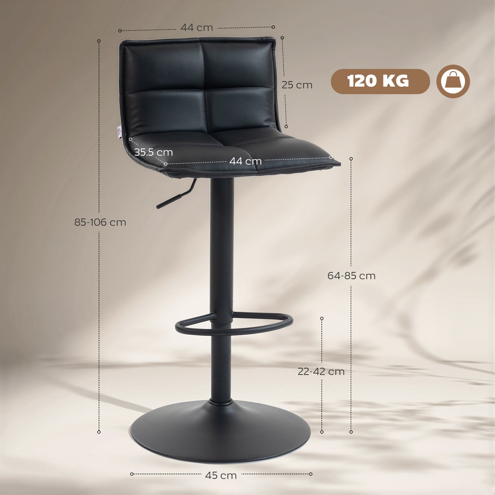 HOMCOM Set of Two Modern Faux Leather Bar Stools - Black - Image 3