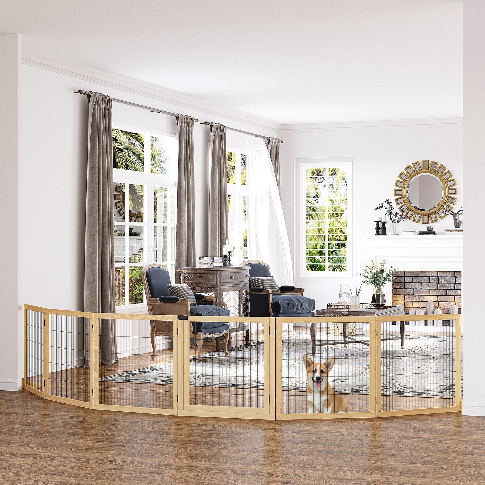 PawHut Wooden Pet Gate, Freestanding Dog Safety Barrier with Two Support Feet - Natural Tone - Image 2