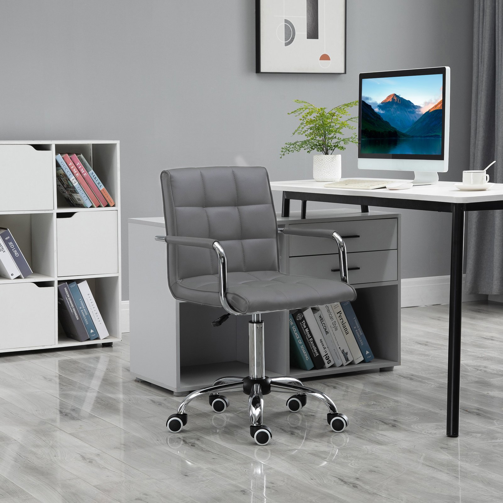 Vinsetto PU Leather Home Office Desk Chair, Computer Chair with Mid Back, Arm, Swivel Wheels, Adjustable Height, Grey - Image 2