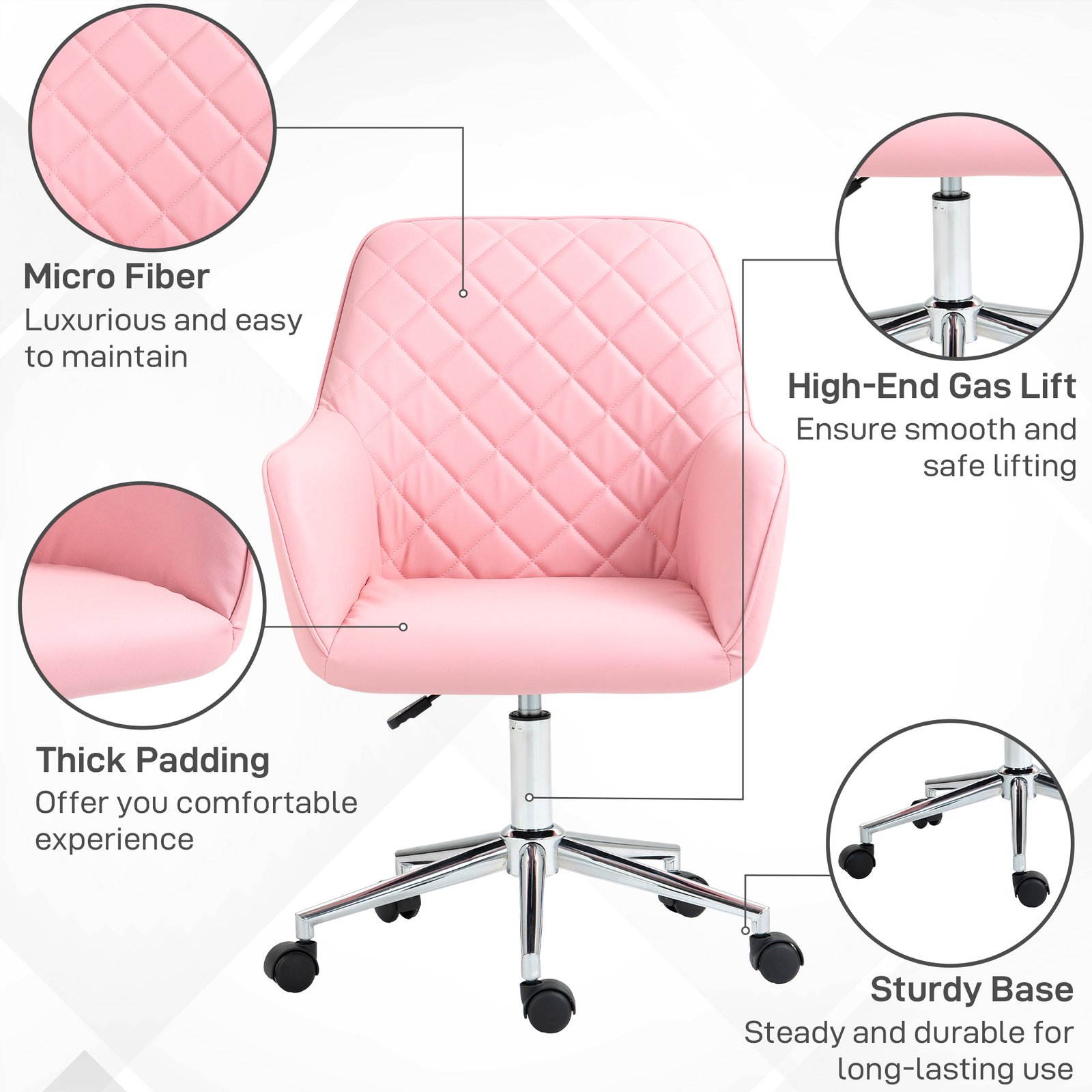 Vinsetto Office Desk Chair, Leather-Feel Fabric Computer Swivel Chair with Rolling Wheels and Adjustable Height for Home, Pink - Image 6