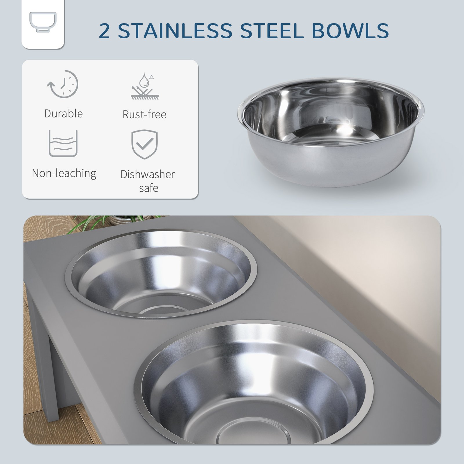 PawHut Raised Dog Feeding Bowls with Stand, Stainless Steel for Medium Dog, 58L x 31W x 25H cm - Grey - Image 5