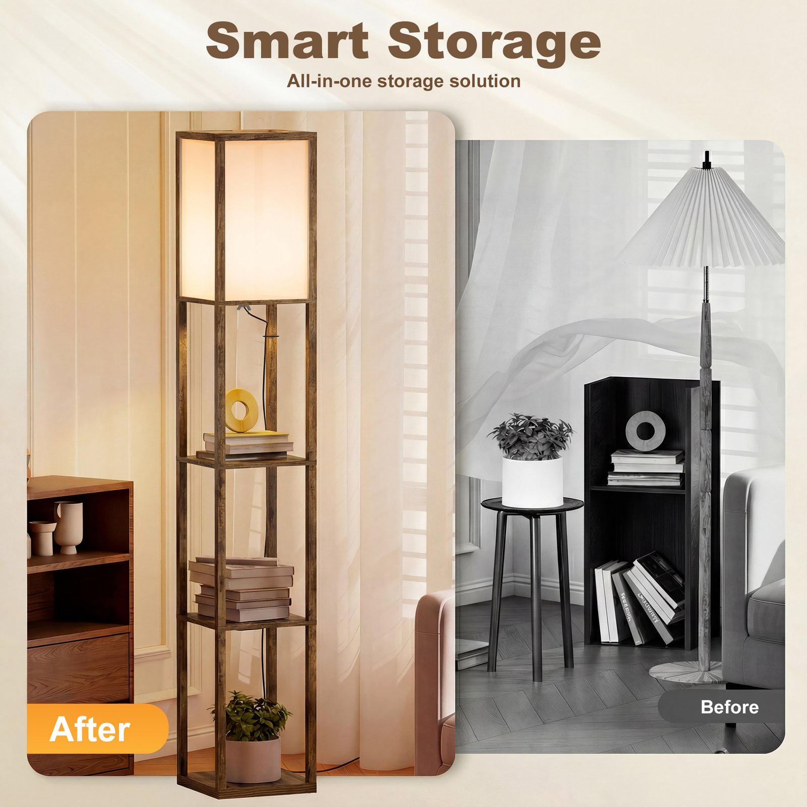 HOMCOM 3-Tier Floor Lamp with Shelves and Storage, Modern Corner Standing Lamp with Lampshade, Reading Light with Foot Switch for Living Room, Bedroom, Home Office, Bulb not Included, Brown - Image 5