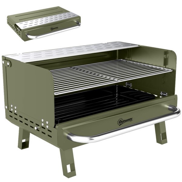 Outsunny Portable BBQ Grill, Charcoal Barbecue Grill with Adjustable Grates, Foldable Legs, Side Shelf for Camping Travel, Green Outsunny Portable BBQ Grill, Charcoal Barbecue Grill with Adjustable Grates, Foldable Legs, Side Shelf for Camping Travel, Green