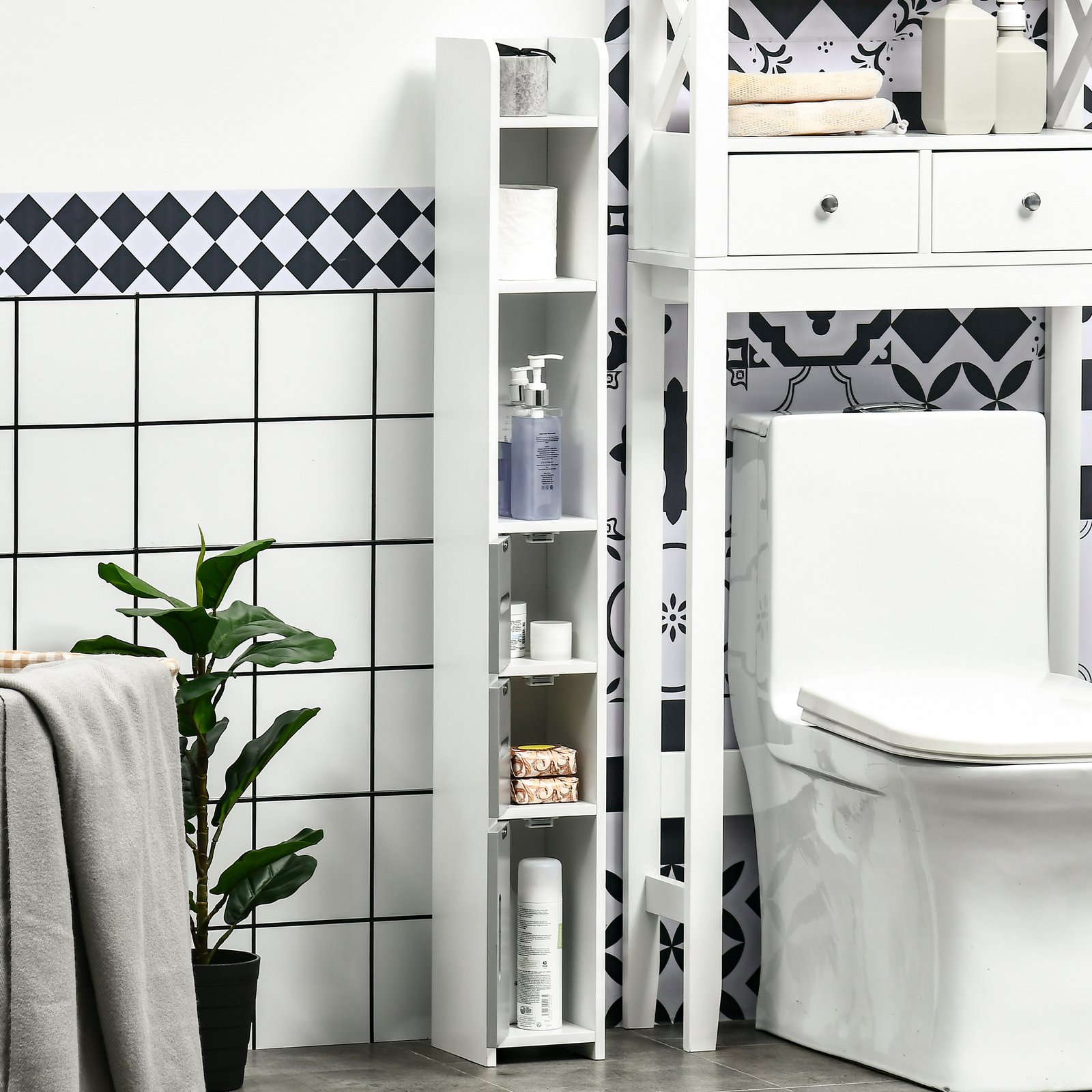 kleankin Modern Bathroom Storage Cabinet, Freestanding Tall Bathroom Cabinet with Open Shelves and 3 Cupboards with Door, for Bedroom Hallway, Grey - Image 7