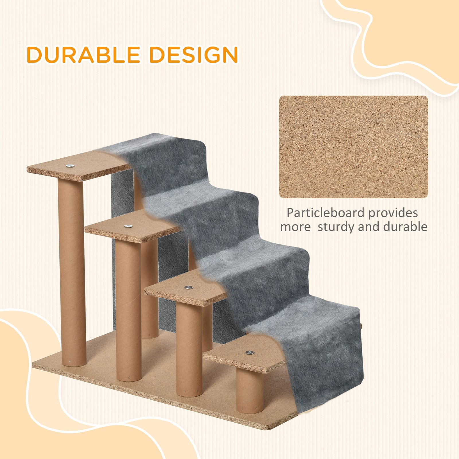 PawHut Four-Step Dog Stairs, with Washable Plush Cover, for High Bed Sofa, Dog Stairs for Small Dog and Cat - Light Grey - Image 6
