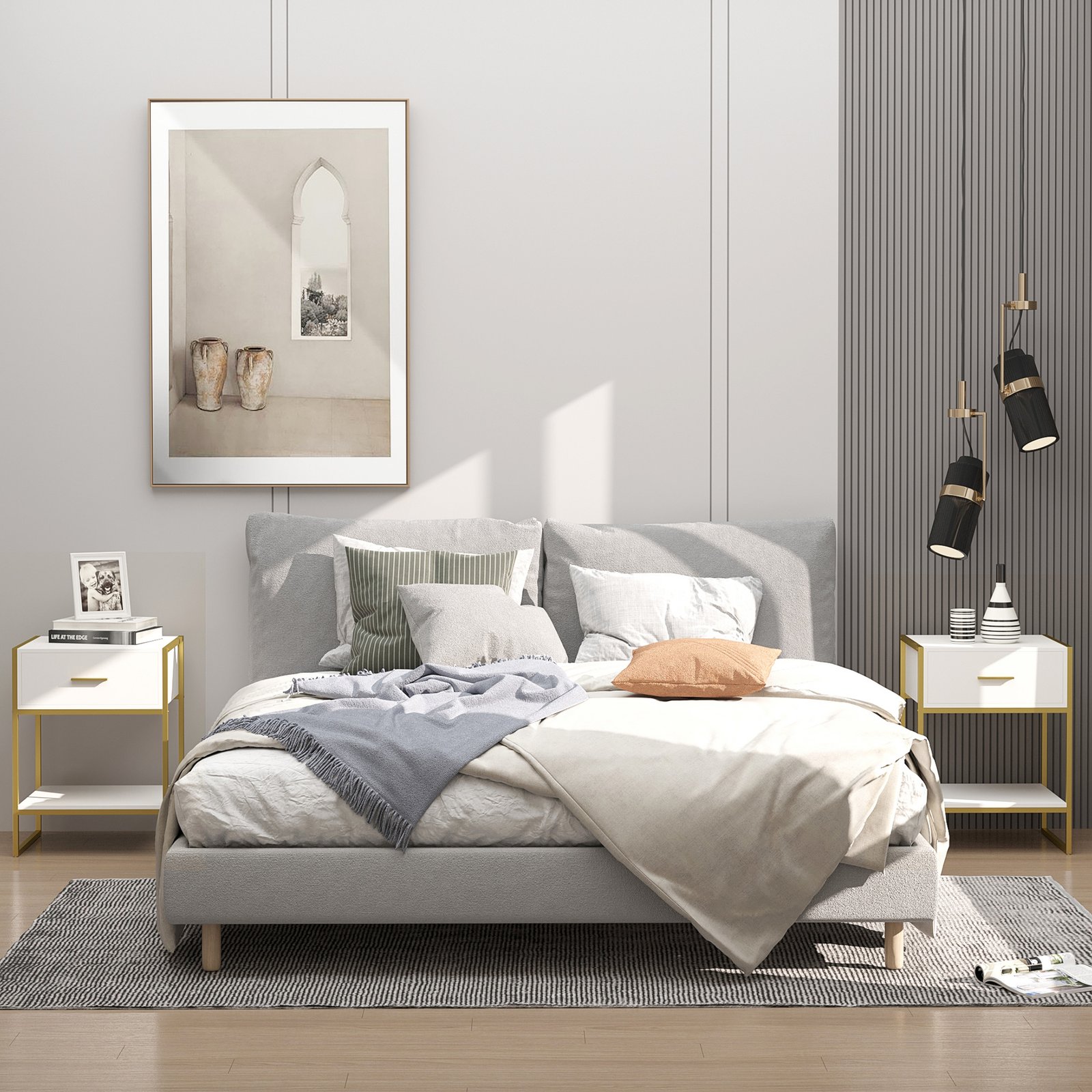HOMCOM Modern Bedside Table, Nightstand with Drawer Shelf, Side Table for Living room, Bedroom White and Gold, Set of 2 - Image 2