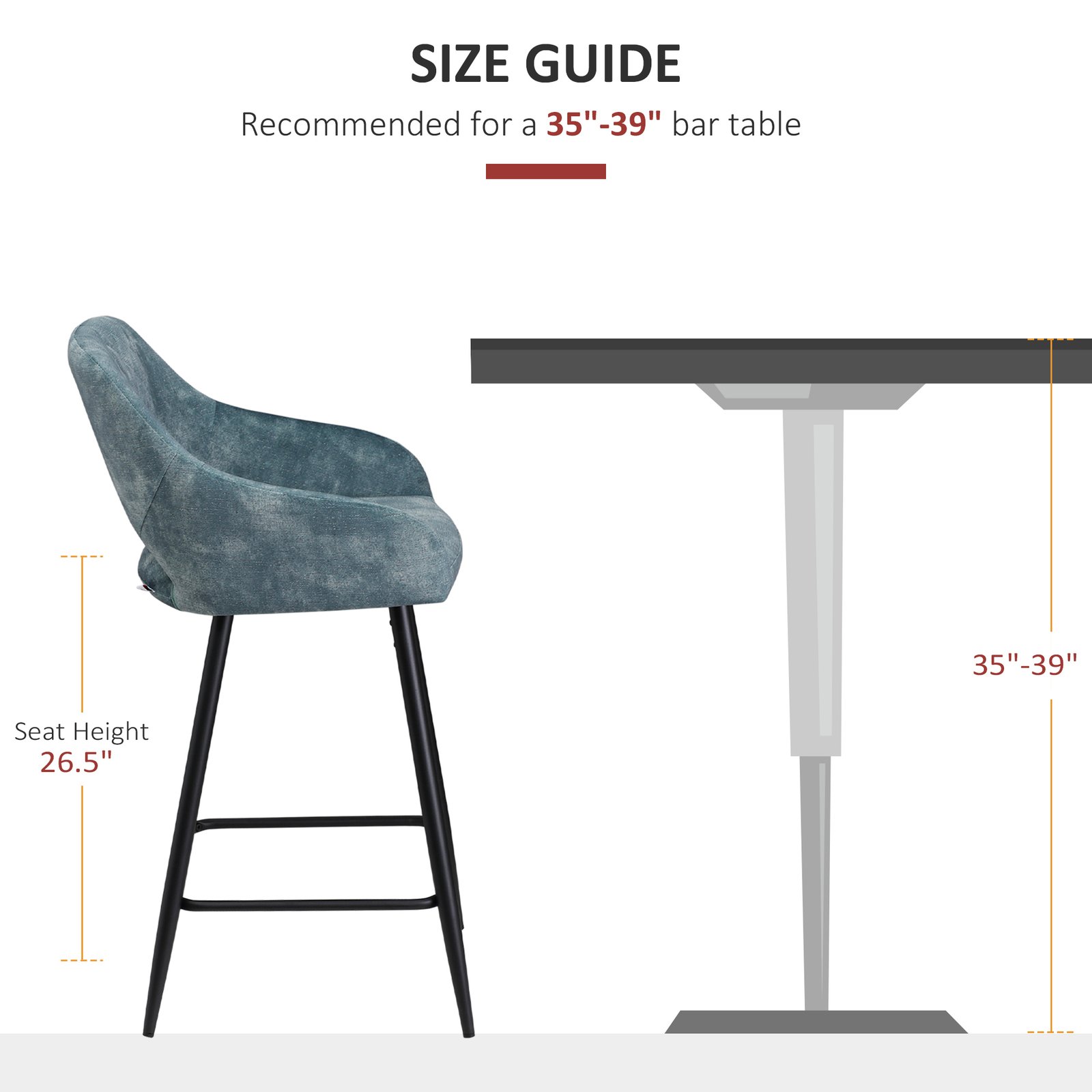 HOMCOM Bar Stools Set of 2, Velvet-Touch Fabric Counter Height Bar Chairs, Kitchen Stools with Steel Legs for Dining Area, Kitchen Island Barstools, Blue - Image 7