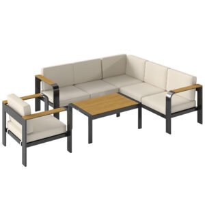 Outsunny 3 Pieces Garden Furniture Set with L-Shaped Sofa, Armchair and Coffee Table, Aluminium Garden Corner Sofa Set