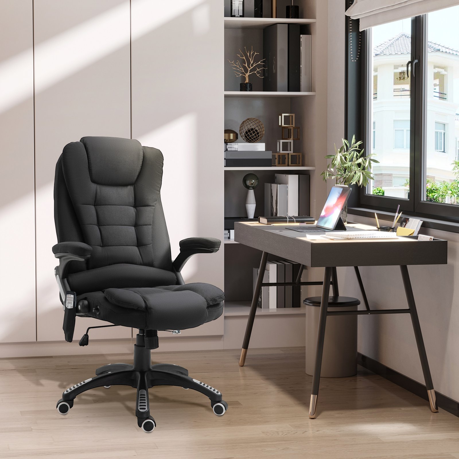 Vinsetto Massage Recliner Chair Heated Office Chair with Six Massage Points Linen-Feel Fabric 360° Swivel Wheels Black - Image 2