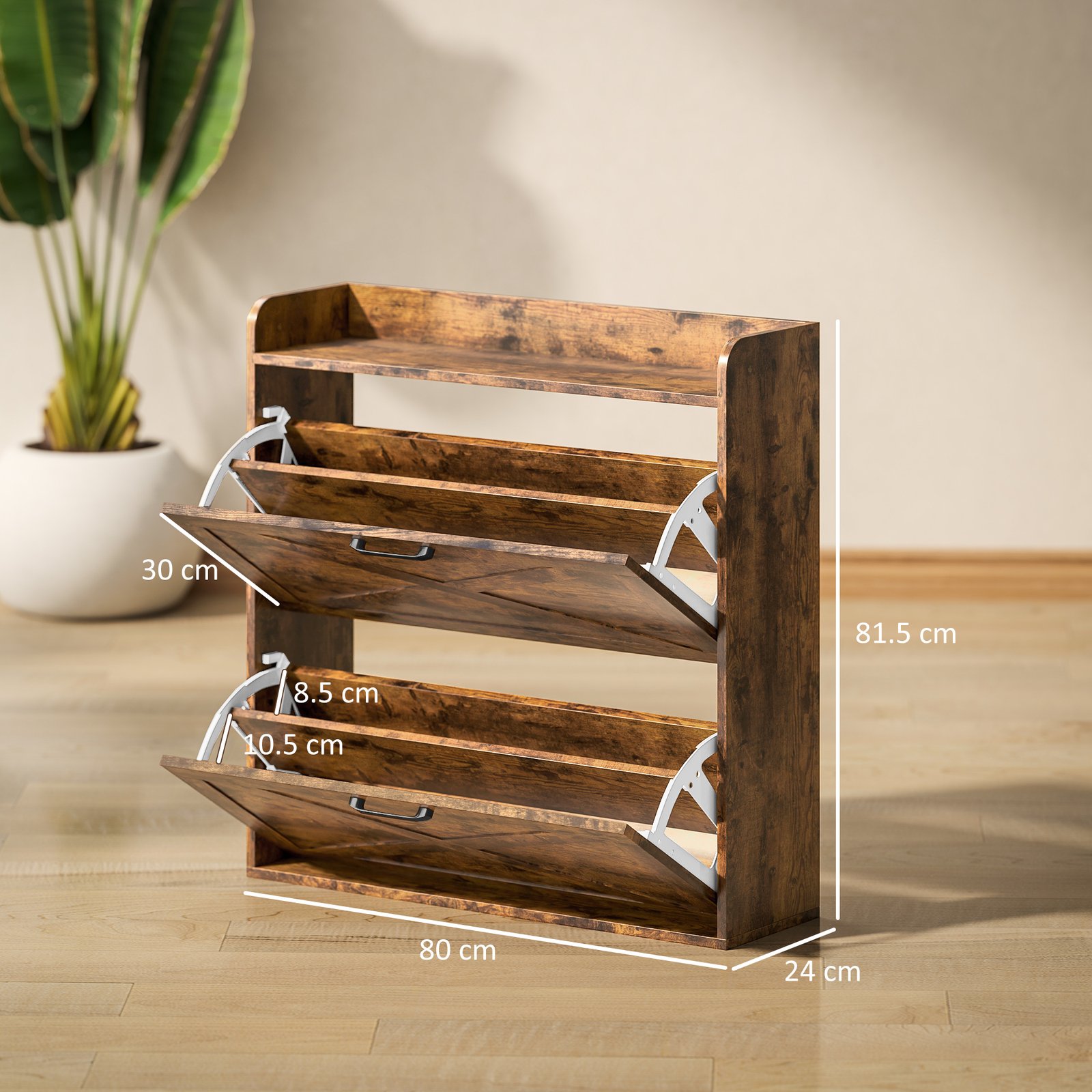 HOMCOM Two Flip Drawer Narrow Shoe Cabinet with Adjustable Shelves - Rustic Brown - Image 3