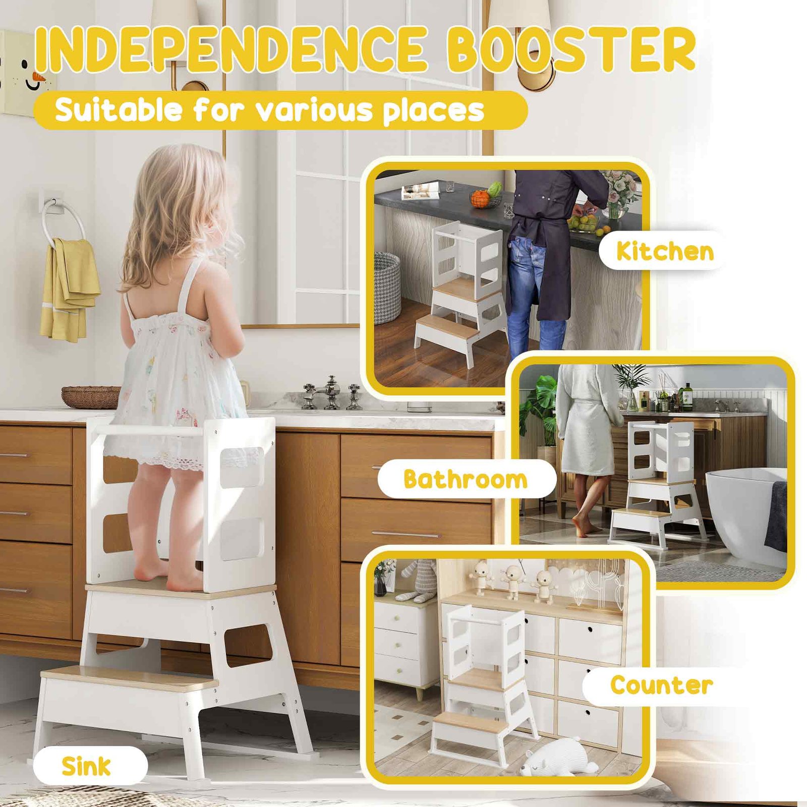 AIYAPLAY 2-in-1 Toddler Tower with Chalkboard, Safety Rail for Kitchen, Counter, Bathroom, Sink, White - Image 4
