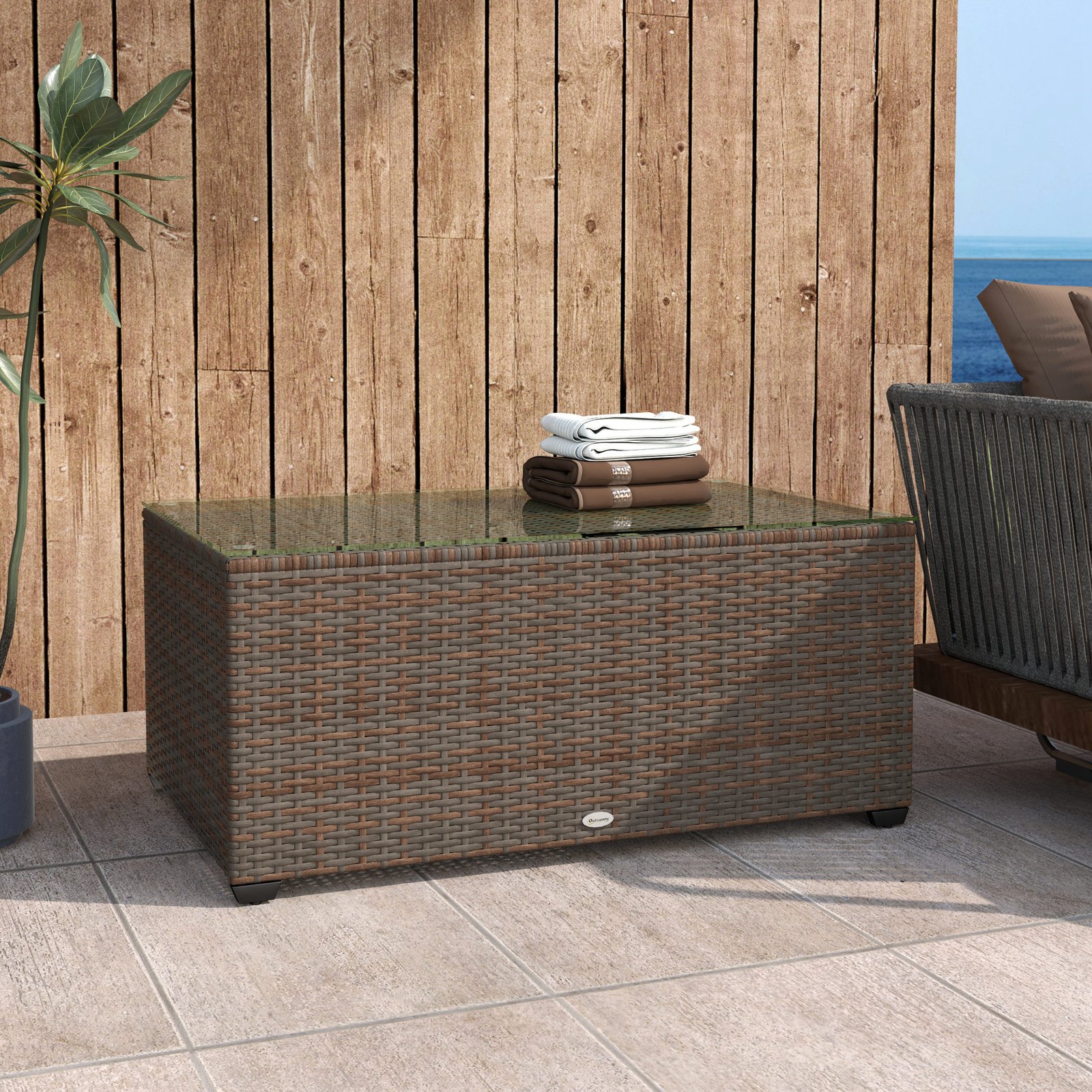 Outsunny 90 x 50cm Glass-Top Rattan Side Table - Brown - Image 8