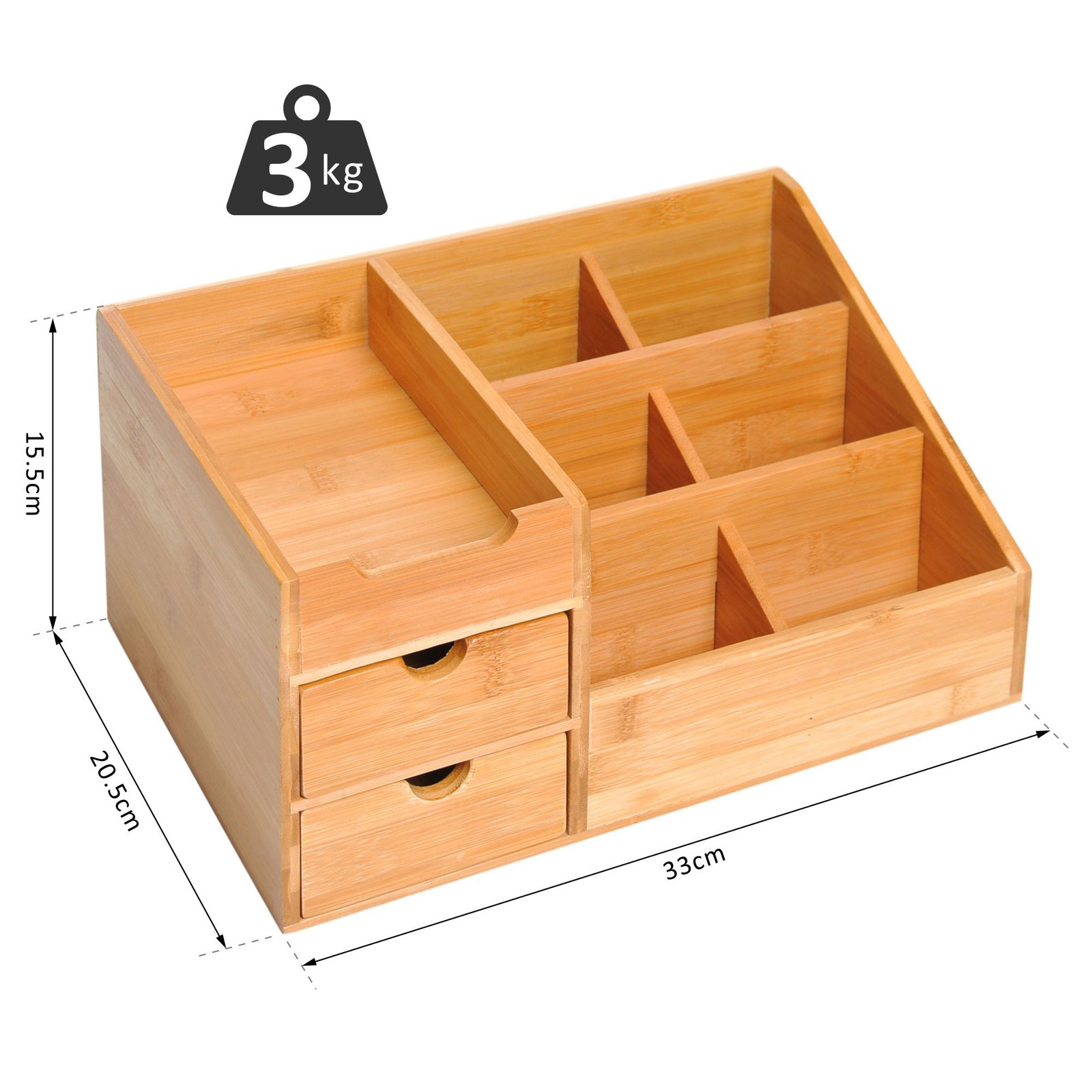 HOMCOM Desk Organiser Holder, Bamboo Multi-Function Storage Caddy with 7 Storage Compartments and 2 Drawers for Home Office Stationary Supplies, Natural Bamboo - Image 3