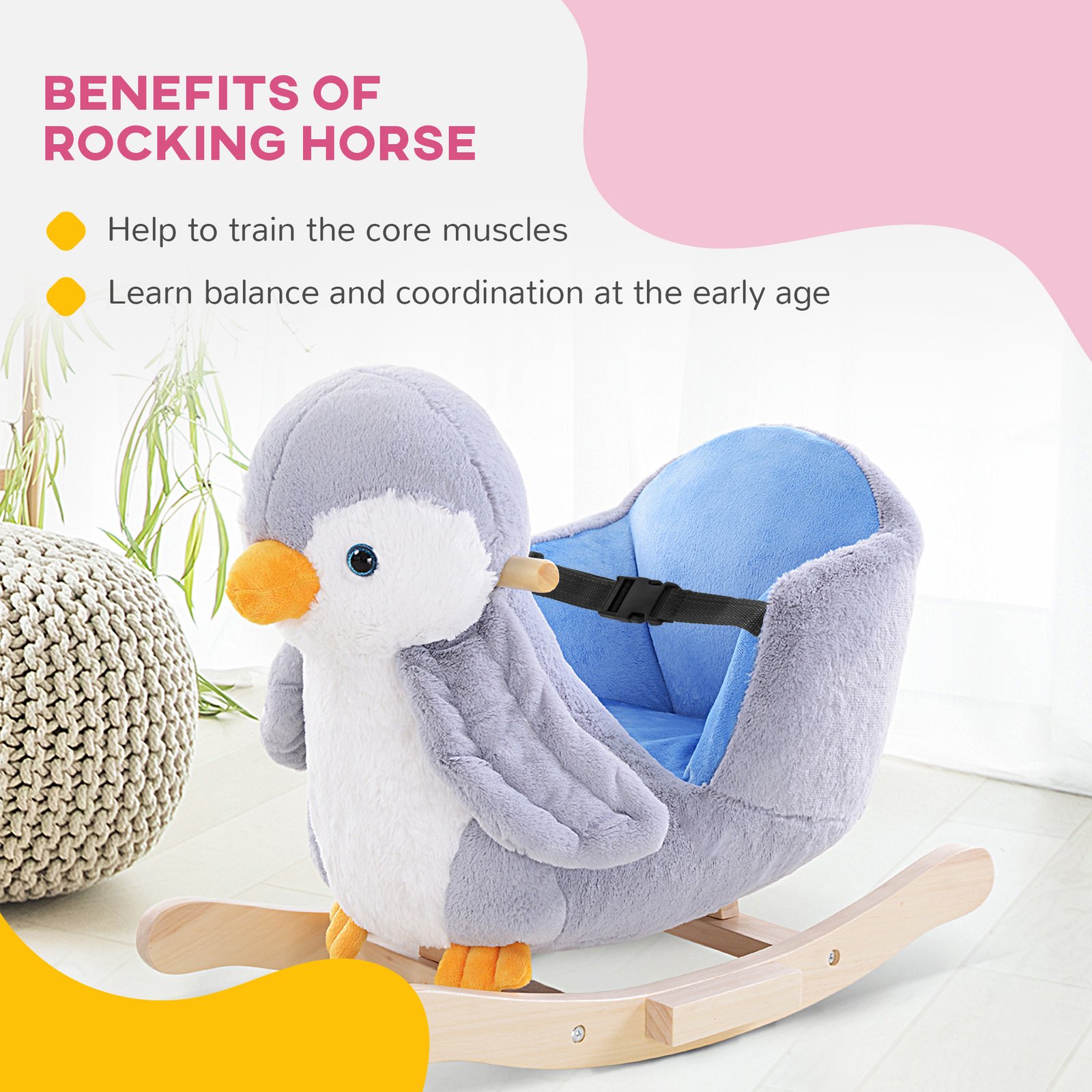 HOMCOM Children Kids Animal Rocking Horse Penguin Plush Musical Button 32 Songs Kid Rocker for 18+ Months - Image 5