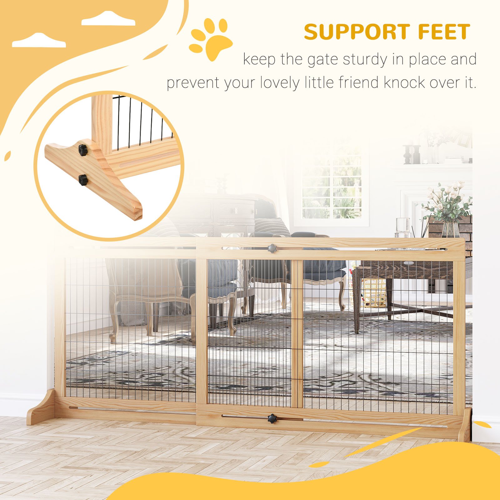 PawHut Freestanding Dog Gate, Foldable Pet Fence, Indoor Wood Barrier, Stair Gate with Support Feet, for Doorway, Hallway, Small and Medium Dogs, 69H x 104-180 cm, Natural Wood Finish - Image 5