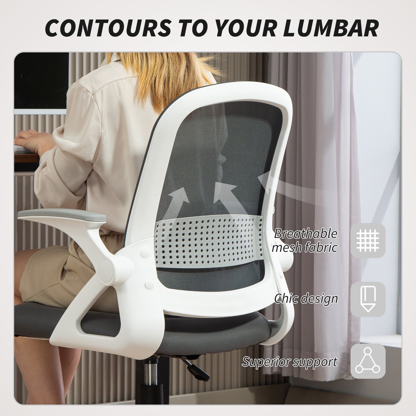 HOMCOM Breathable Mesh Office Chair, Ergonomic Swivel Computer Chair with Flip-up Armrests, Lumbar Back Support for Home/Office, Grey - Image 4