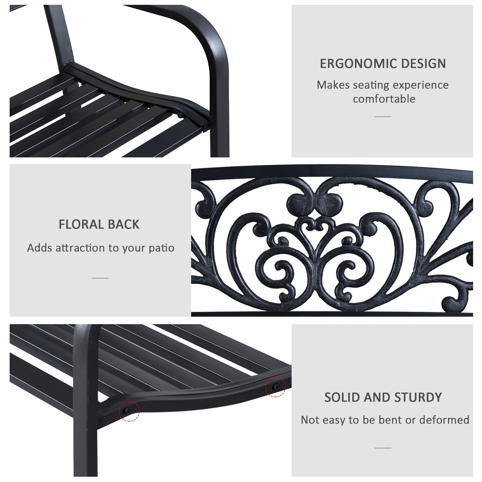 Outsunny 2-Seater Garden Bench, Steel-Black - Image 5