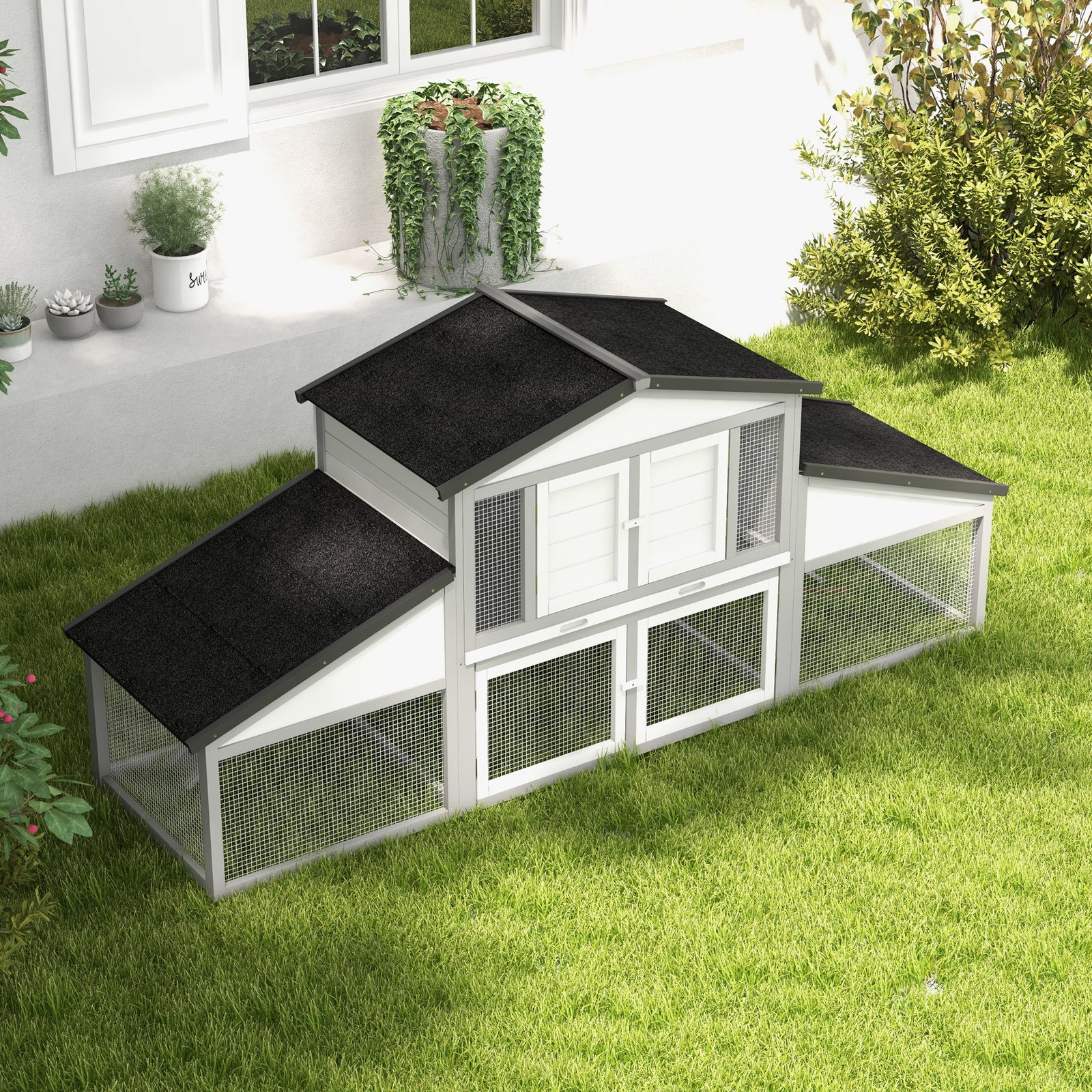 PawHut Large Rabbit Hutch with Run, Outdoor Bunny Cage, with Tray, Ramp - Light Grey - Image 9